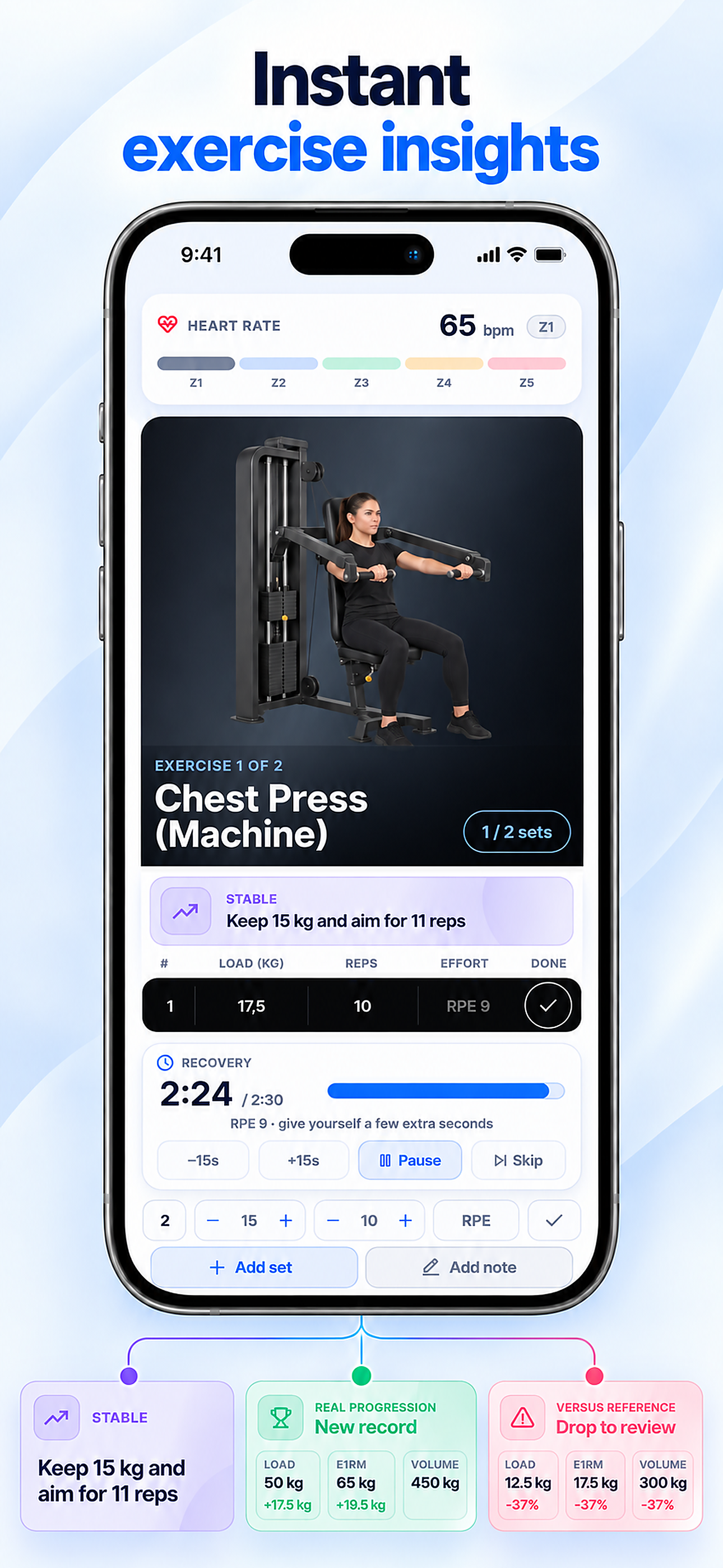 Allenamento di forza con chest press, registrazione delle serie, timer e indicazioni di progressione.