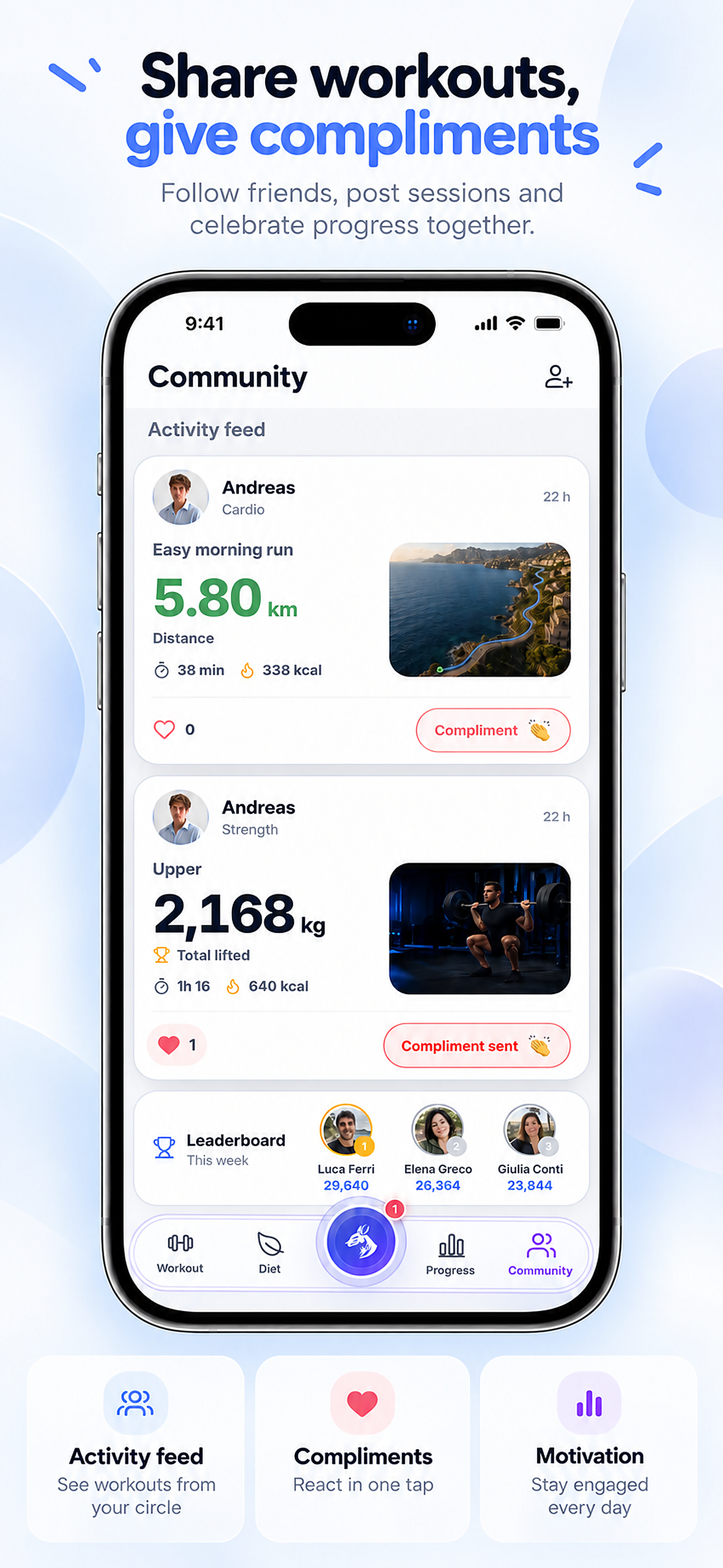 Feed Community con post di corsa e forza e pulsanti per i complimenti.