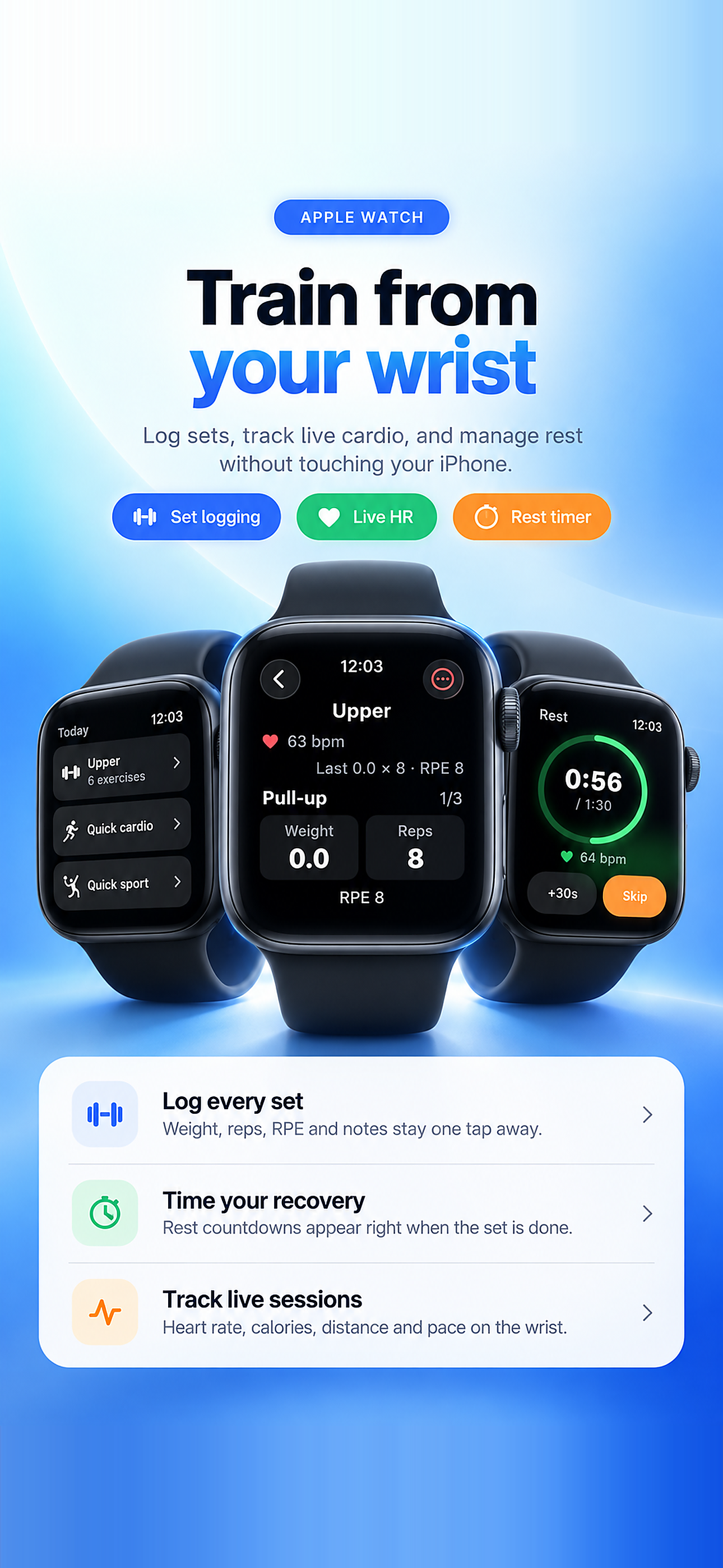 Tre viste Apple Watch per scelta della sessione, registrazione delle serie e timer.