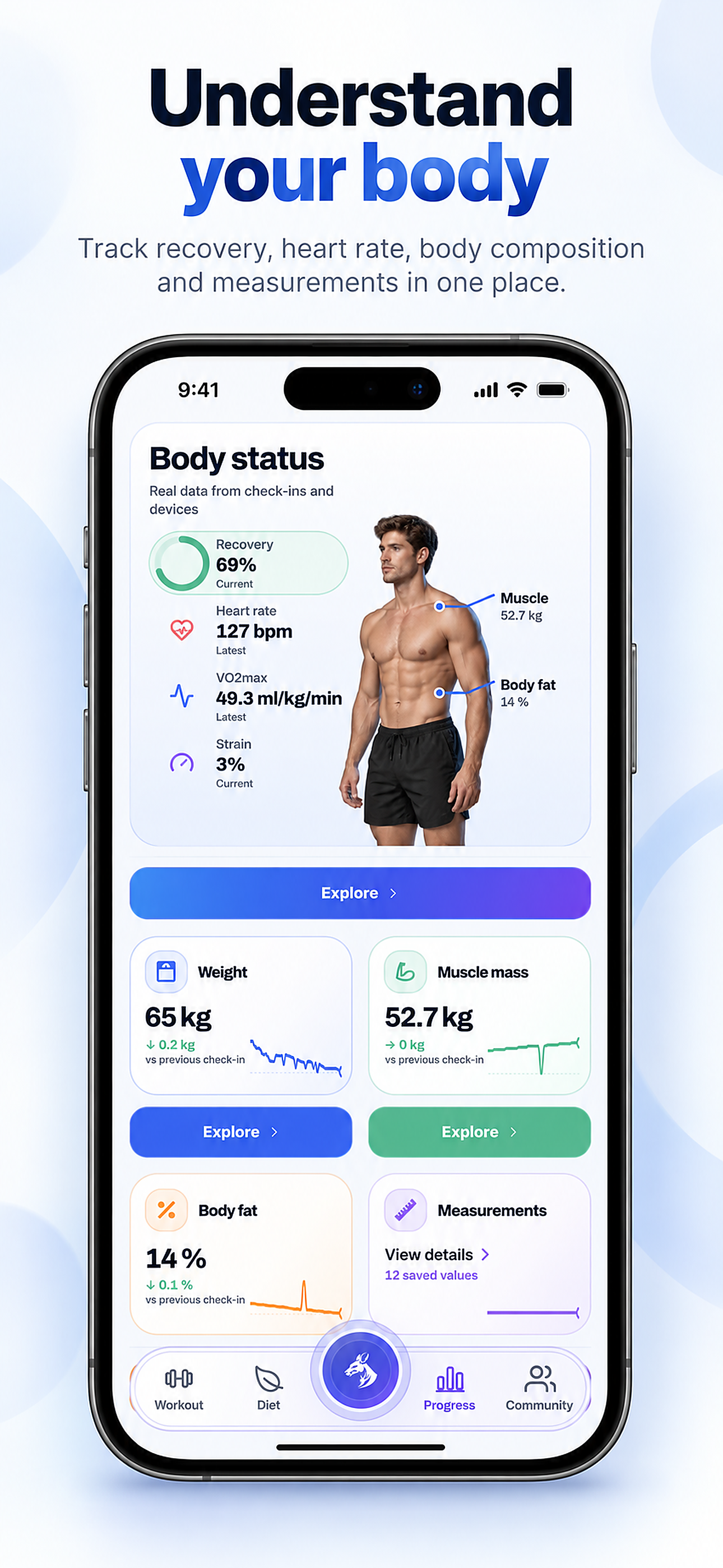 Stato del corpo con recupero, battito, VO2 max, sforzo e check-in.